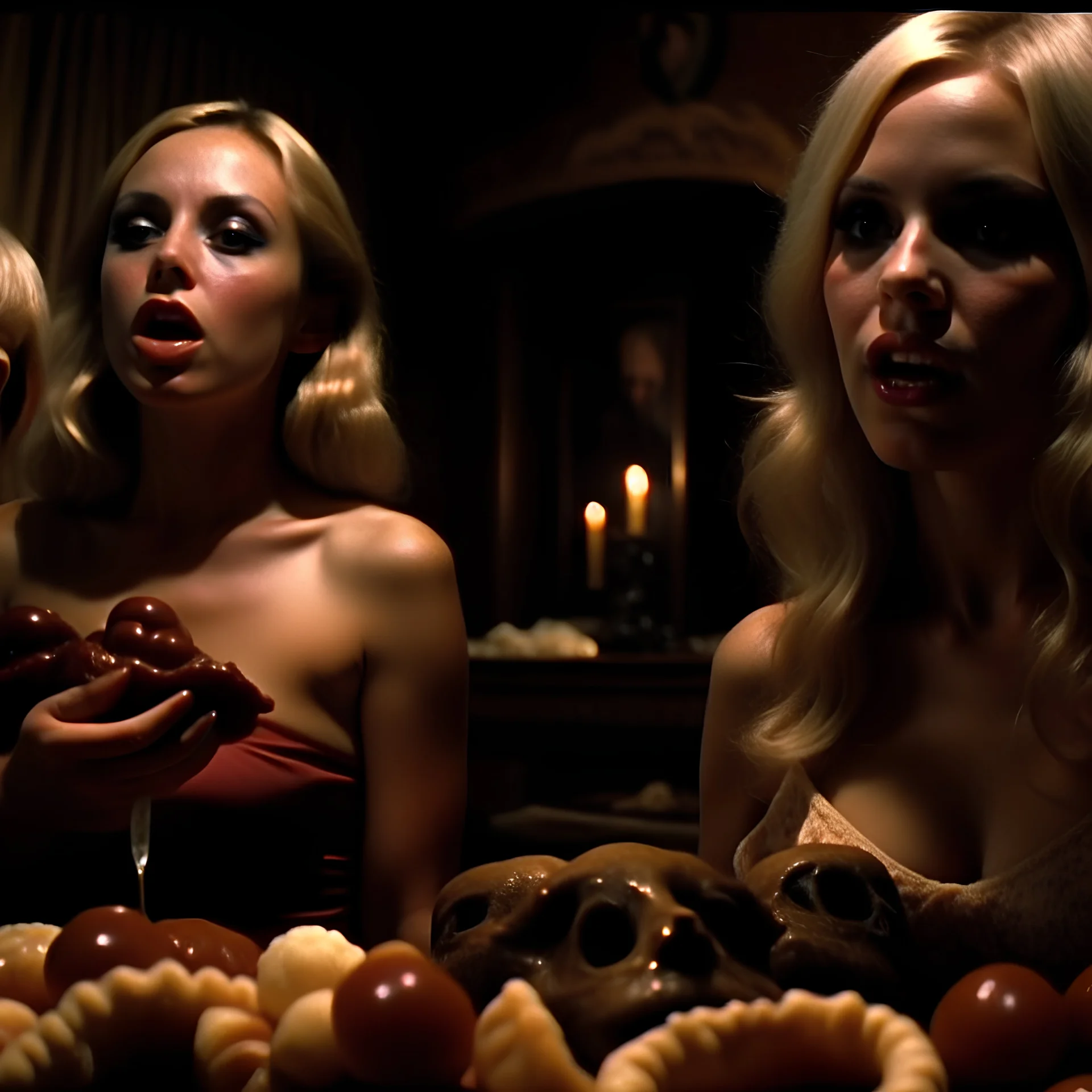 Horror movie shot, spooky, hot, ultra realistic, dine, horns, ultra realistic hot blonde women, party, pieces of meat, organs, ail, dynamic, very excited people, hypermaximalist figures, light, 1970's Italian horror movie, sinister,, Dario Argento, Stanley Kubrik, ornate, 4k, photorealism