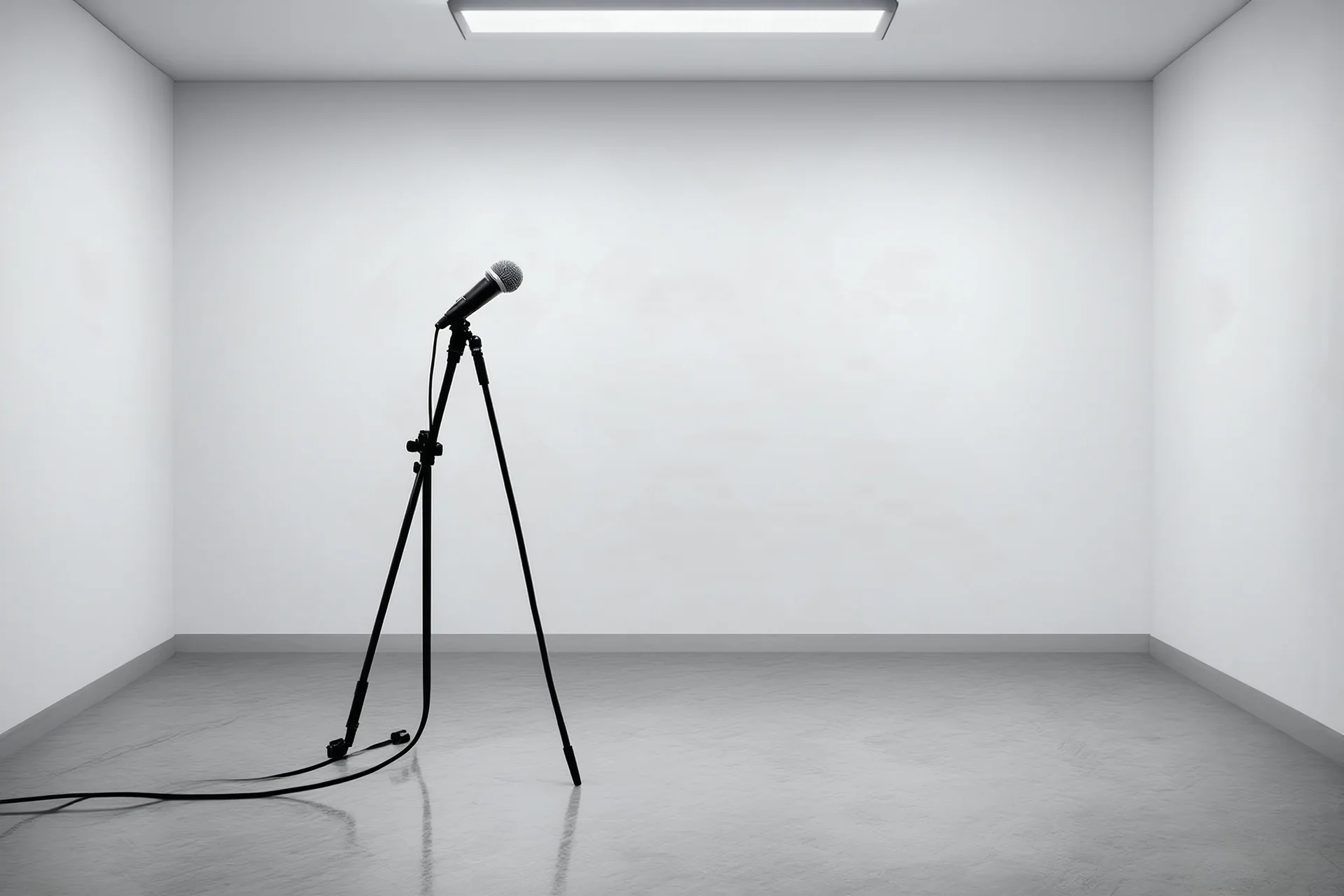 Une pièce vide blanche, un pied de micro abandonné au sol, liminal atmosphere