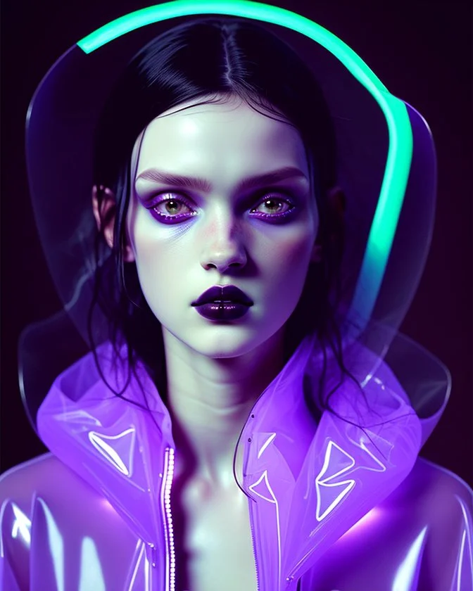 painting by koson ohara and marta bevacqua, portrait of a beautiful goth woman with long black hair, wearing a plastic raincoat, purple neon lighting, 8k, high quality, highly detailed