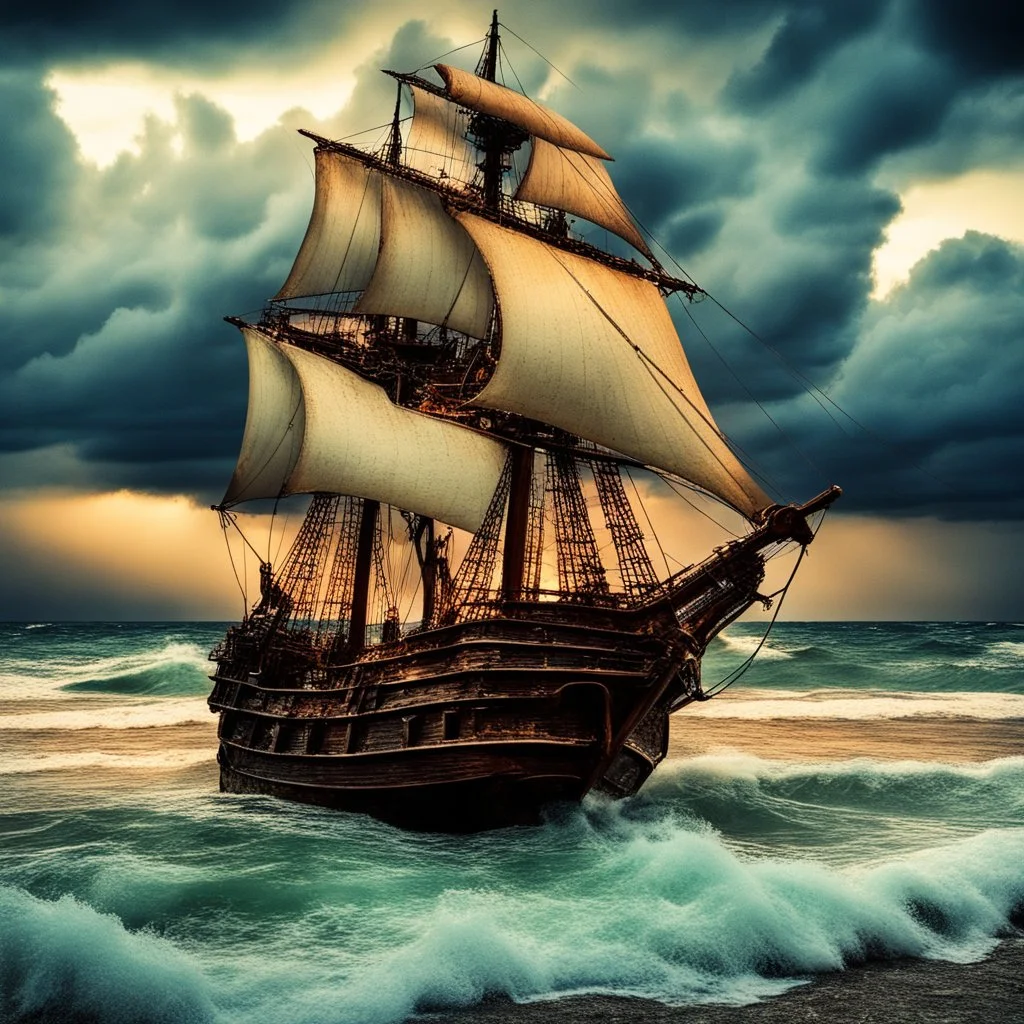 view of turbulent swells of a violent ocean storm, inside a glass bottle on the beach ม dramatic thunderous sky at dusk at center a closeup of large tall pirate ship with sails, breaking light