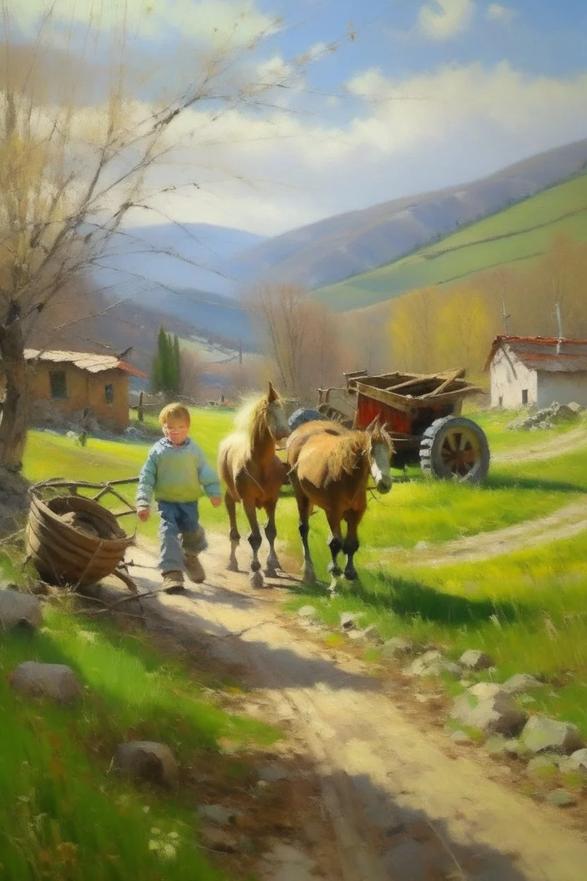 Spring in skåbu, sun, children walking in mountains, horse, broken old tractor, prize winning oil painting