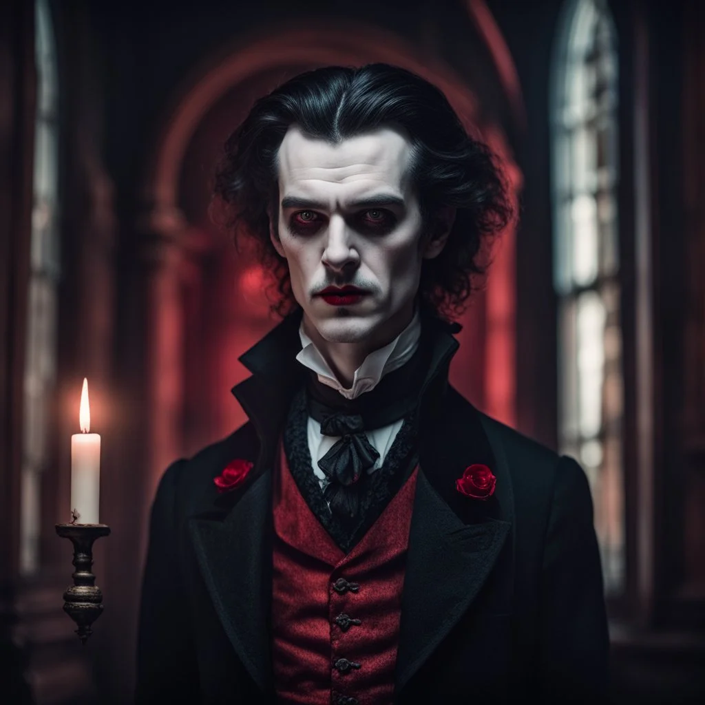 Character design of a Victorian vampire, medium: photography, style: reminiscent of the characters in Bram Stoker's Dracula, lighting: soft, diffused candlelight creating a gothic atmosphere, colors: rich blacks and reds with pops of white, composition: shot with a Nikon D850 DSLR, Nikkor 85mm f/1.4 lens, Resolution 45.7 megapixels, ISO sensitivity: 100, Shutter speed 1/60 second, full body shot capturing the elegant design of the vampire, focus on the character's pale face and intricate costume