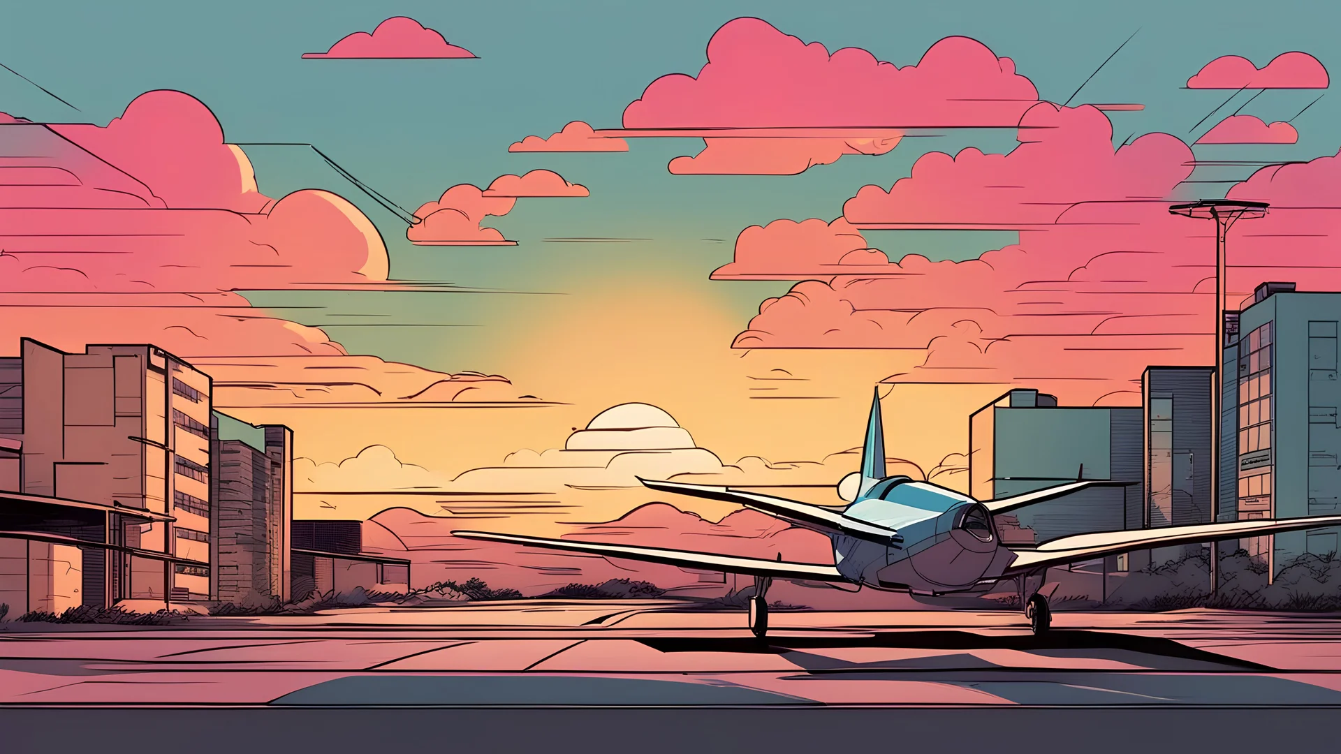 comic style, 80's landscape colors, paper planes parked and landing, sunset light