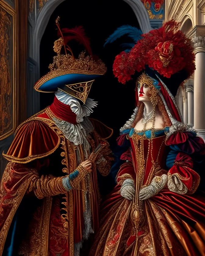 Pareja hombre y mujer con disfraz en el carnaval de Venezia mascara vestido has el suelo obra de arte pintura al óleo renacentista obra de arte hiperdetallada intricadas finamente detallada 8k