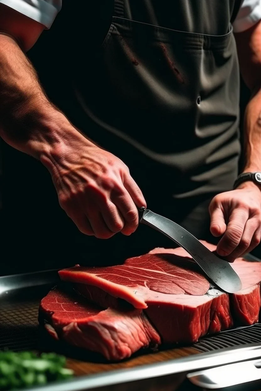 a man holding a steak as if it were a knife, stabbing someone in the chest