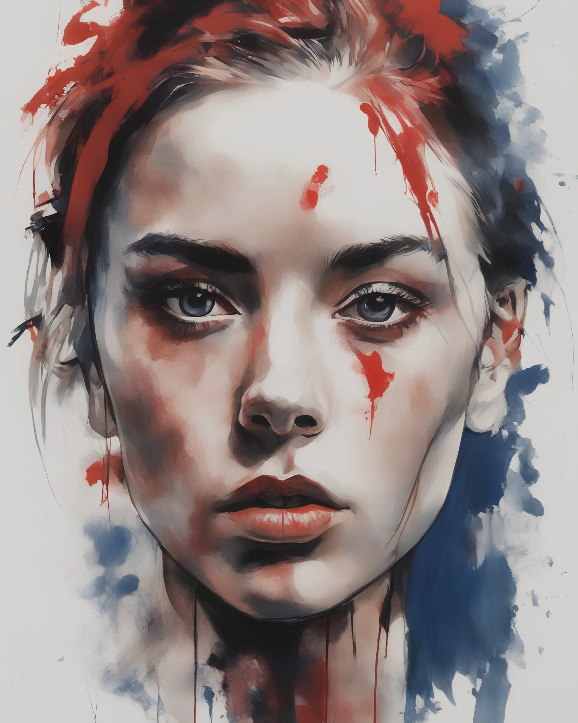 A portrait of a Singer Danish MØ face, painting by Yoji Shinkawa, darkblue and darkred tones,