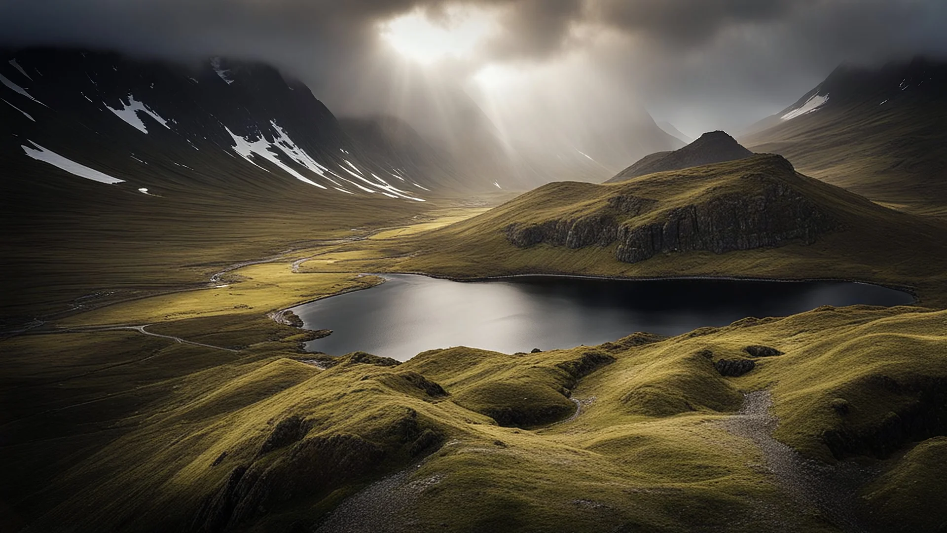 Mountainous landscape on Kerguelen, dramatic sunlight, chiaroscuro, awe-inspiring, beautiful composition, award-winning photograph