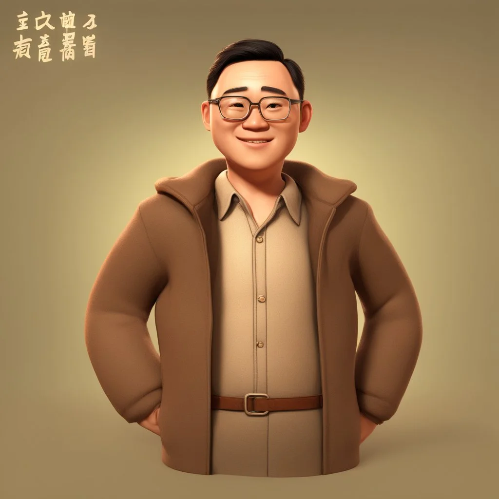 a portrait of smiling chinese man. carricature. black hair. short hair. fair skin. dark brown eye pupils. monolid eye. wearing rectangle glasses. big nose. big round face shape. semi formal dress. pixar style. 3D. 4k. portrait. highly detailed. sharp focus. high resolution. full color. cinema lighting