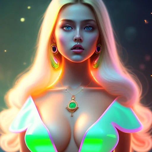 portrait in oil of busty beautiful longhair blonde woman,wearing emerald necklace, purpurin, skintight latex dress, gradient color, BLUE, PINK, CYAN, neon, insanely detailed, 16k resolution, perfect BIG Green eyes, cinematic smooth, intricate detail, in the style of Kaare Andrews