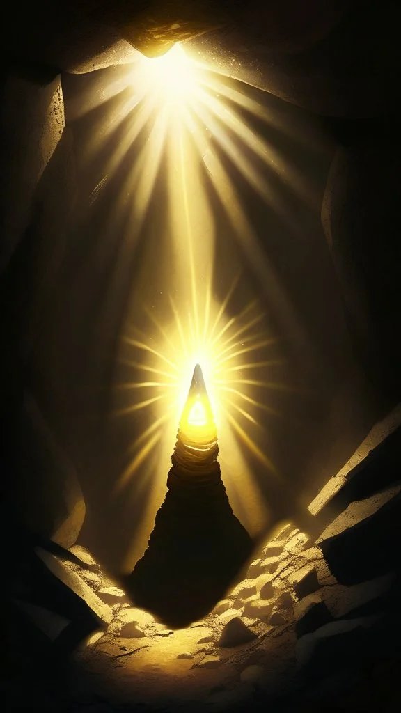 Character on the scree cone of an underground room lit by sunbeams coming from a well located forty meters above.