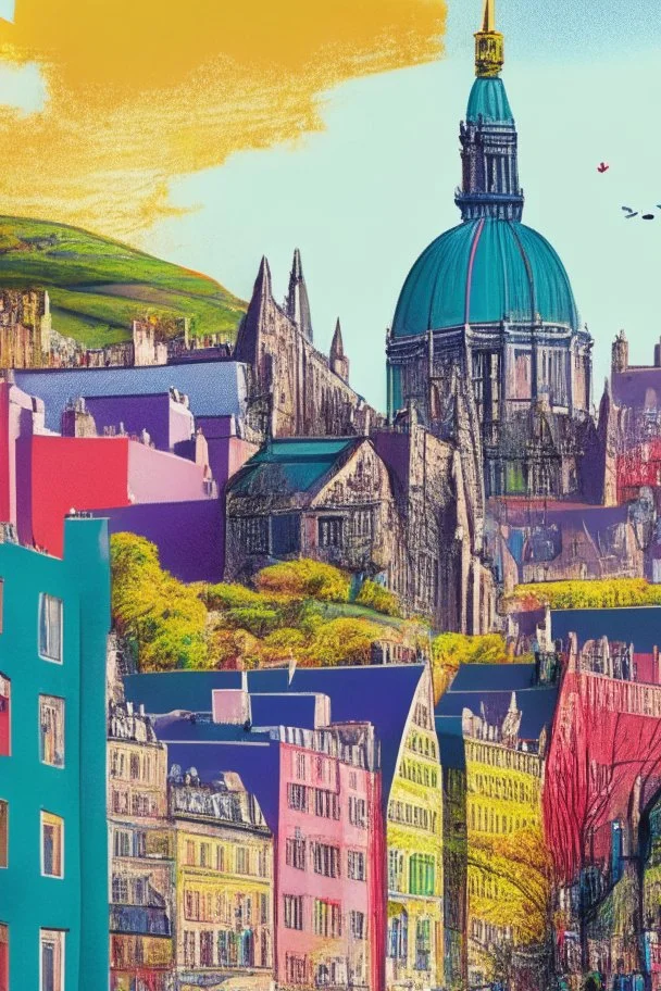 Illustration of Edinburgh, vivid colors, details, realistic