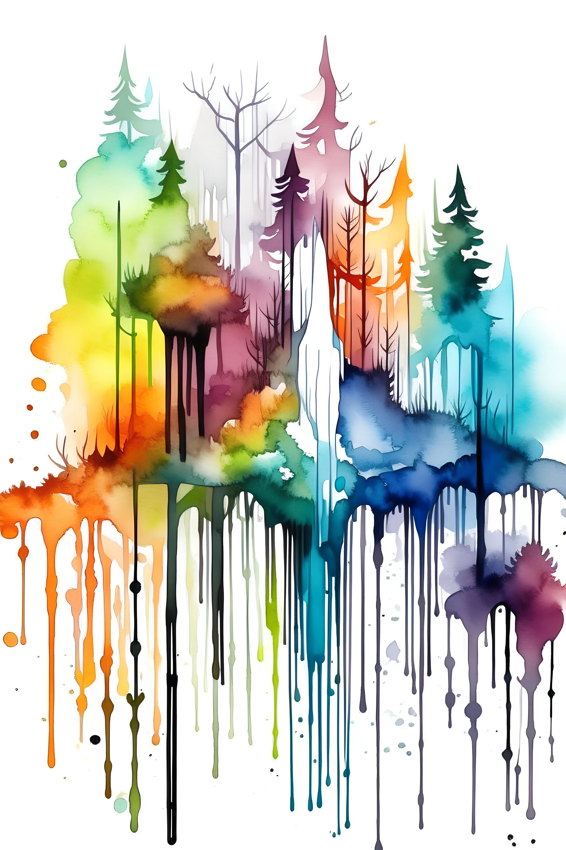 create cover paint,Watercolour effect, waterfall forest abstract,roschCh ink blot test, white background, muted colour's.no black outline, no black colour only white more watercolour blobs, no black outline, other coloursstyle coloring book