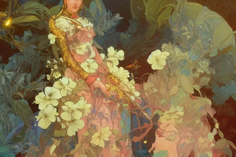 gardenia, colorful, psychedelic, intricate, elegant, highly detailed, digital painting, artstation, concept art, smooth, sharp focus, greg rutkowski art and alphonse mucha