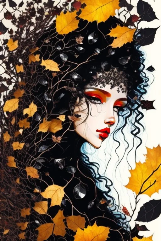 abstract creation of a beautiful girl with black curly hair, surrounded by black roses, thick metal chain broken, glass petals on the ground, autumn colours,dried out thorn bush, chaos,