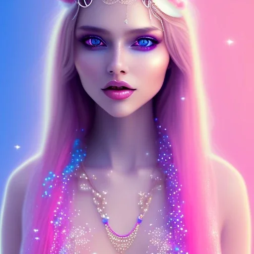 beautiful, soft, smiling face, whole head, long straight blonde hair blues eyes, crown on the head, clothing in transparent bluish and pink veil, background brillante bluish and pink, hight definition, 8K