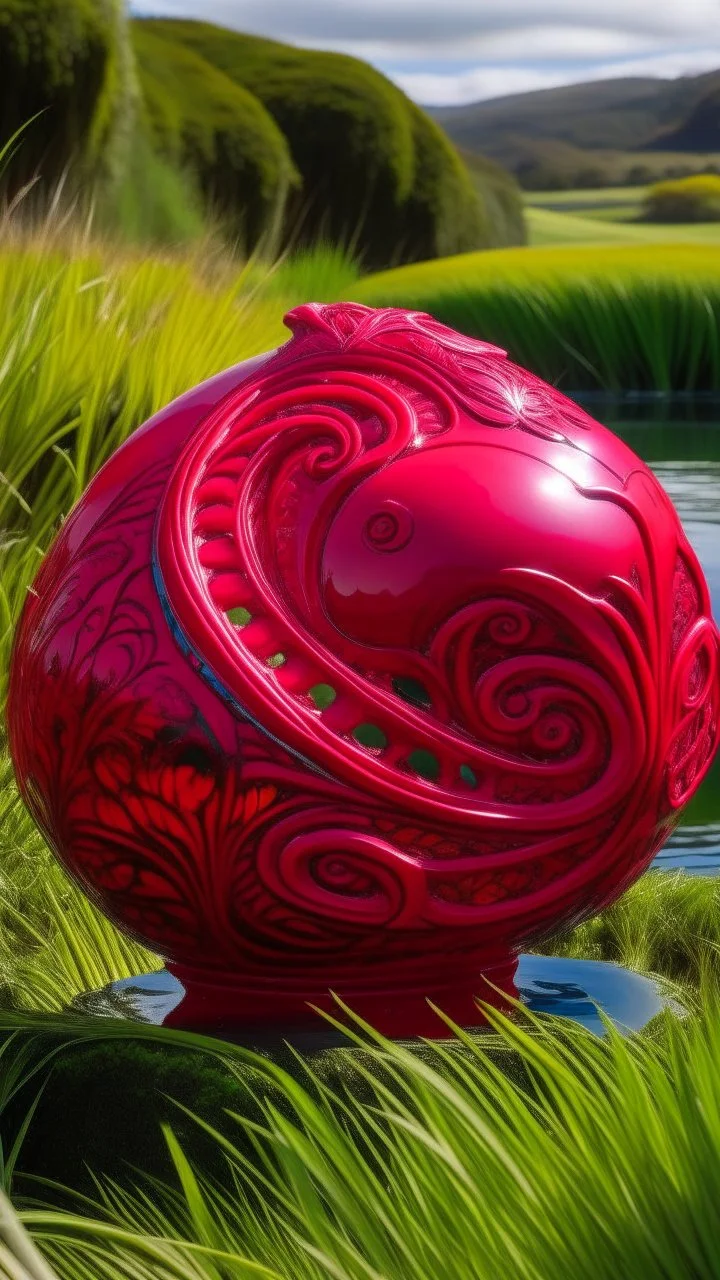 A reddish magenta fiery psychic wetlands designed in Maori sculptures painted by Peter Carl Faberge