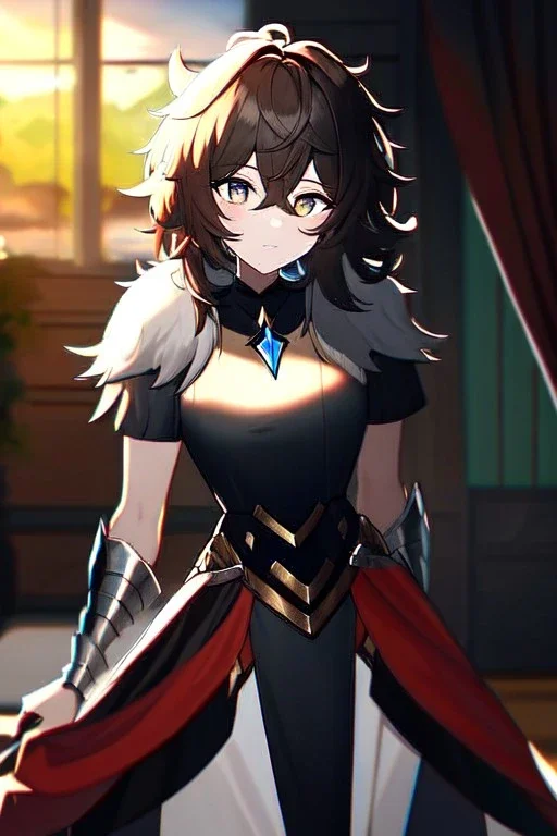 girl, masterpiece, best quality, cinematic lighting, detailed outfit, vibrant colors, perfect eyes, messy hair, hair between eyes, indoors, depth of field, ray tracing, armored dress,