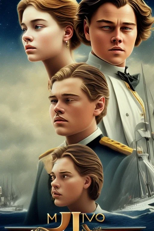 Young Leonardo dicaprio and Kate winslate, big ship Titanic movie poster