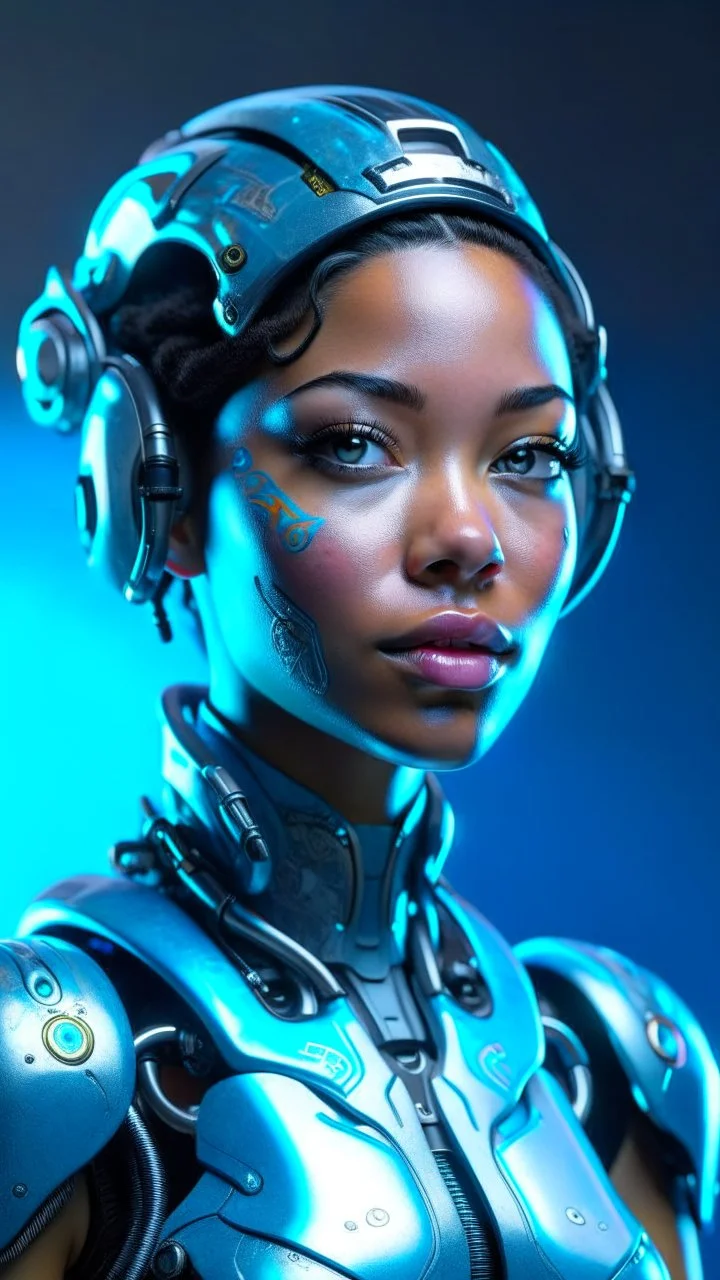 Cyborg female evolving | concrete floor | detailed | fine art | highly detailed | smooth | sharp focus | ultra realistic | full body portrait view, Mysterious,blue metal, smile