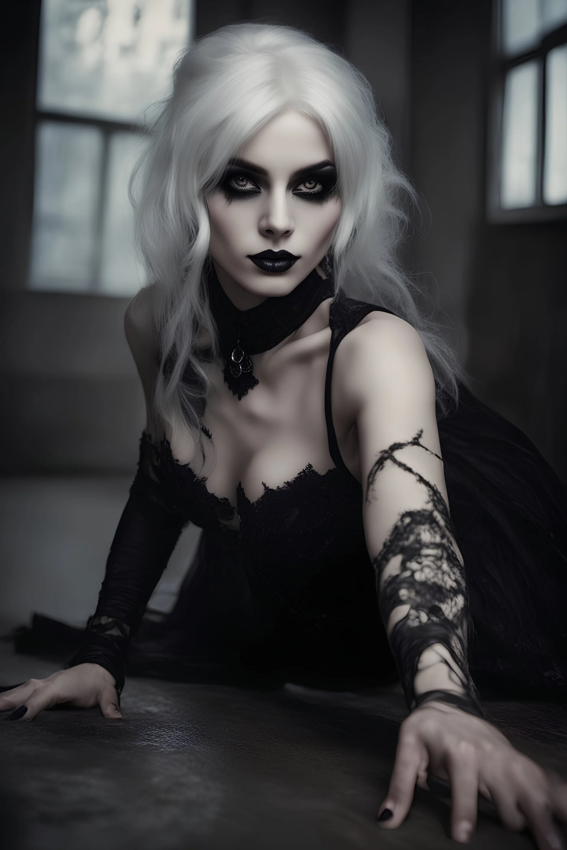 Beautiful goth girl crawling towards the camera in a scary position. White hair, dark make-up, grin on face, black, tight dress. super realistic, smoky background