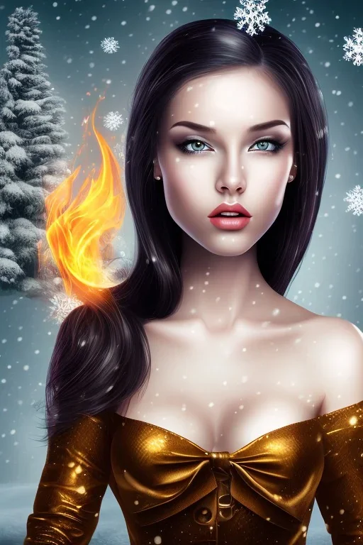 portrait young lady with big bobs black hairs Christmas in the snow and fire