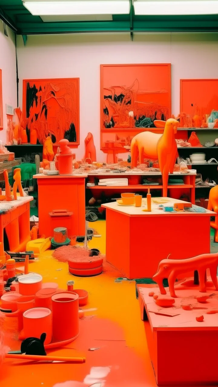 A salmon orange colored workshop made out of toys painted by Andy Warhol