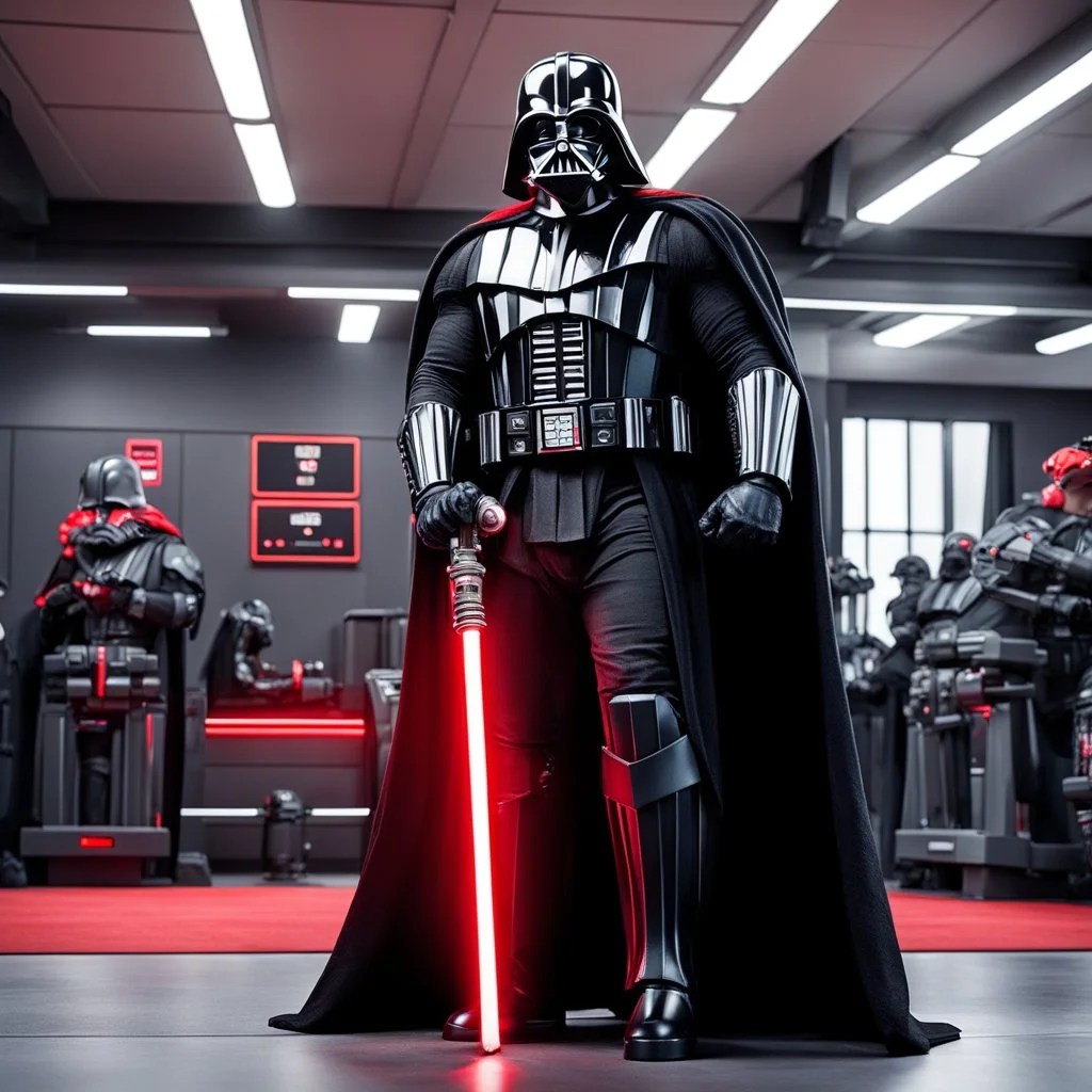over muscular Darth Vader with gigantic biceps with veins in the training room with his red lightsaber