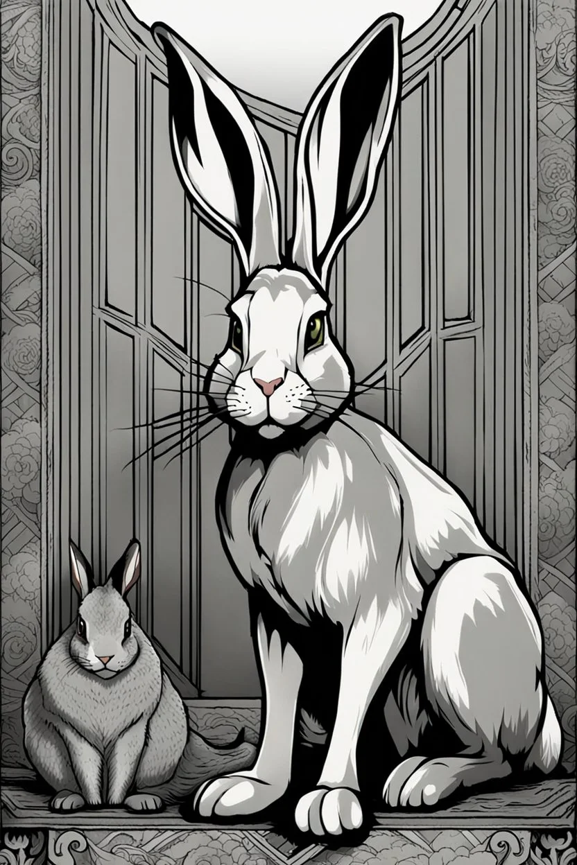 Gray flemish giant rabbit drawn in the style of Jojo's Bizarre Adventure