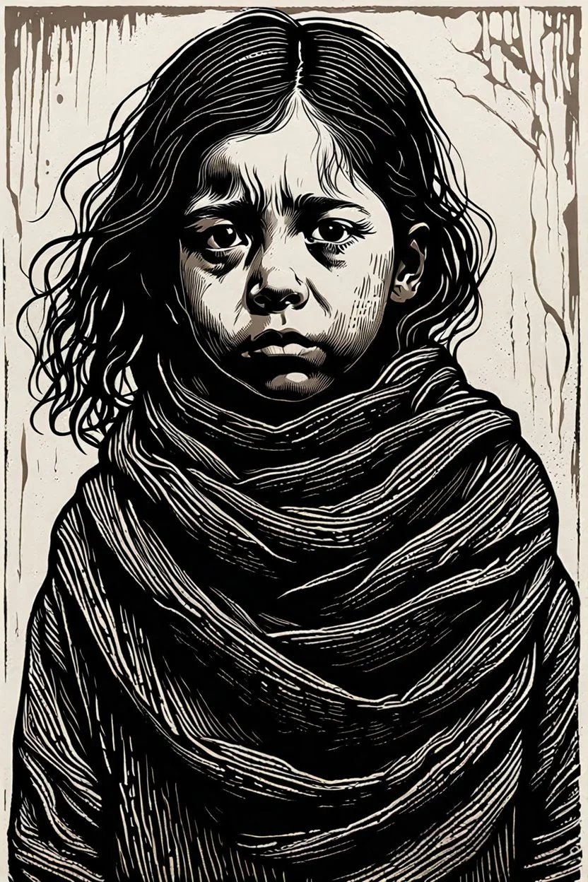 create a deeply powerful tragic, heart wrenching, and evocative, full body woodcut of a raw and weathered young refugee girl with highly detailed and deeply cut facial features, lost in a horrific post apocalyptic Gaza, in the style of KATHE KOLLWITZ , searing lines and forceful strokes