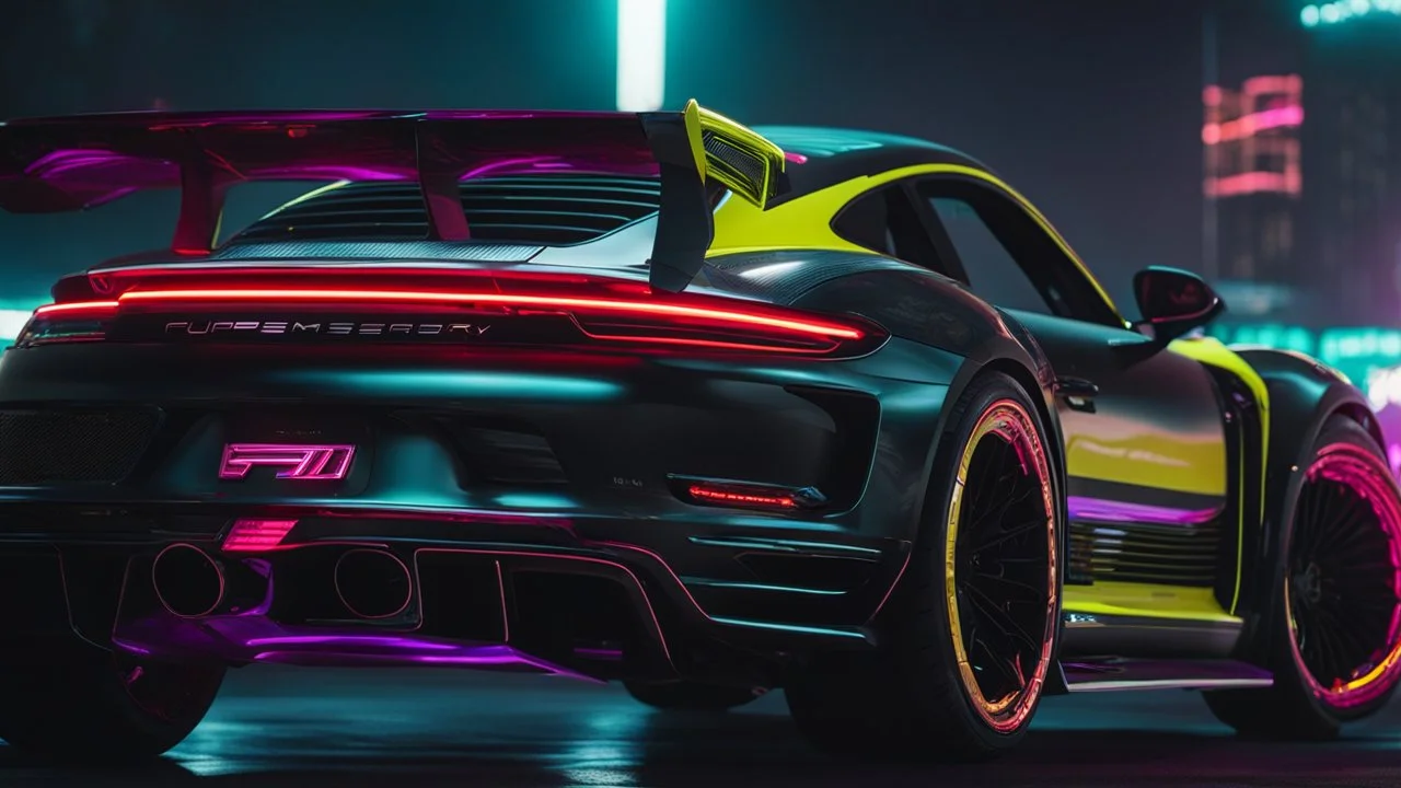Porsche 2991 ultimate tuning Mansory Cyberpunk 2077 neon Style Rear View, Super Detailed, desktop wallpaper, 4K