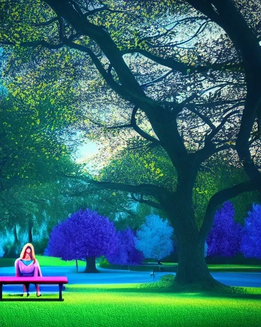 park mystical dream, park bench, man, woman, child, dog, pretty blue and purple trees, blue path, bird, jogger, sunshine, mystical, fantasy, romanticism, digital art, movie poster, cinematic, cinematic lighting, award-winning, beautiful colors, hyper realistic, daylight, daytime, blender render, vibrant, high resolution, 8k,