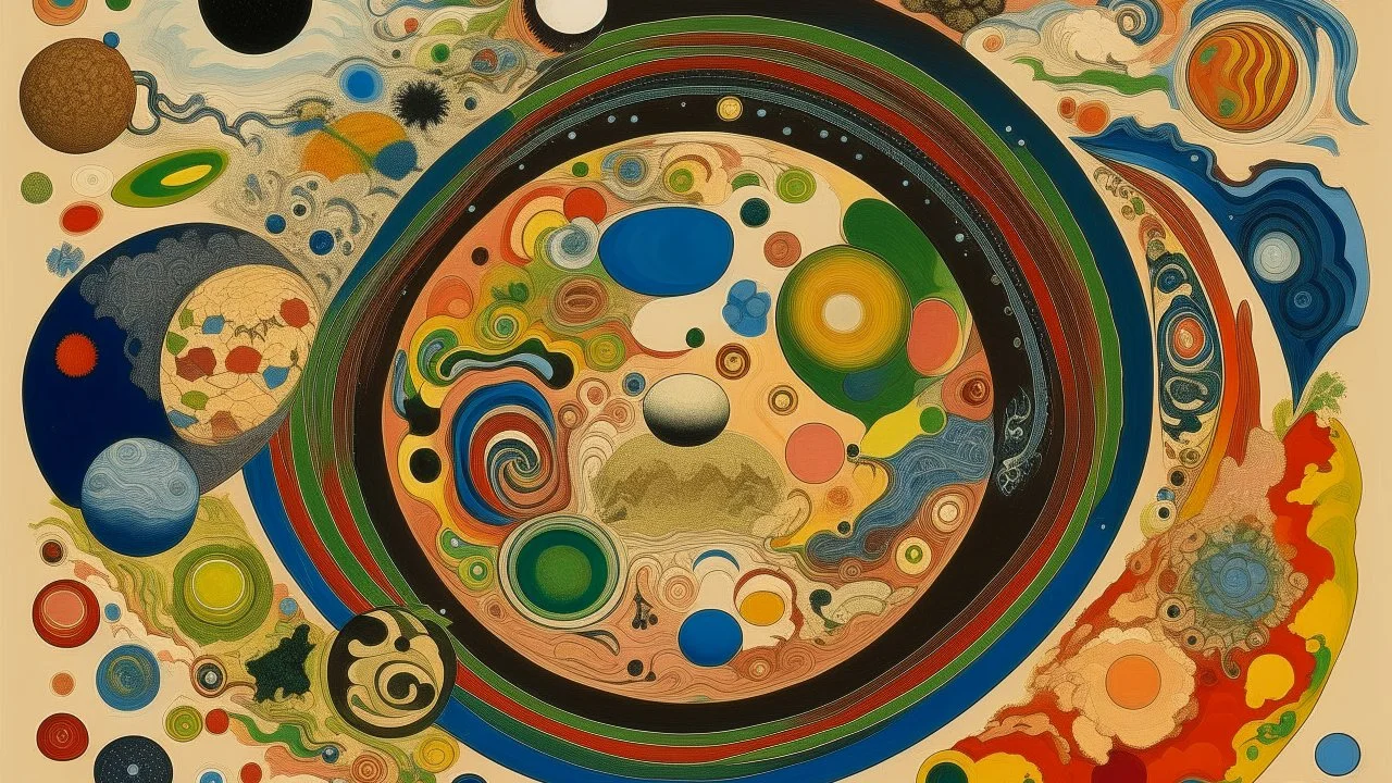 A beige planet with an asteroid belt around it designed in Oaxacan alebrijes painted by Alexej von Jawlensky