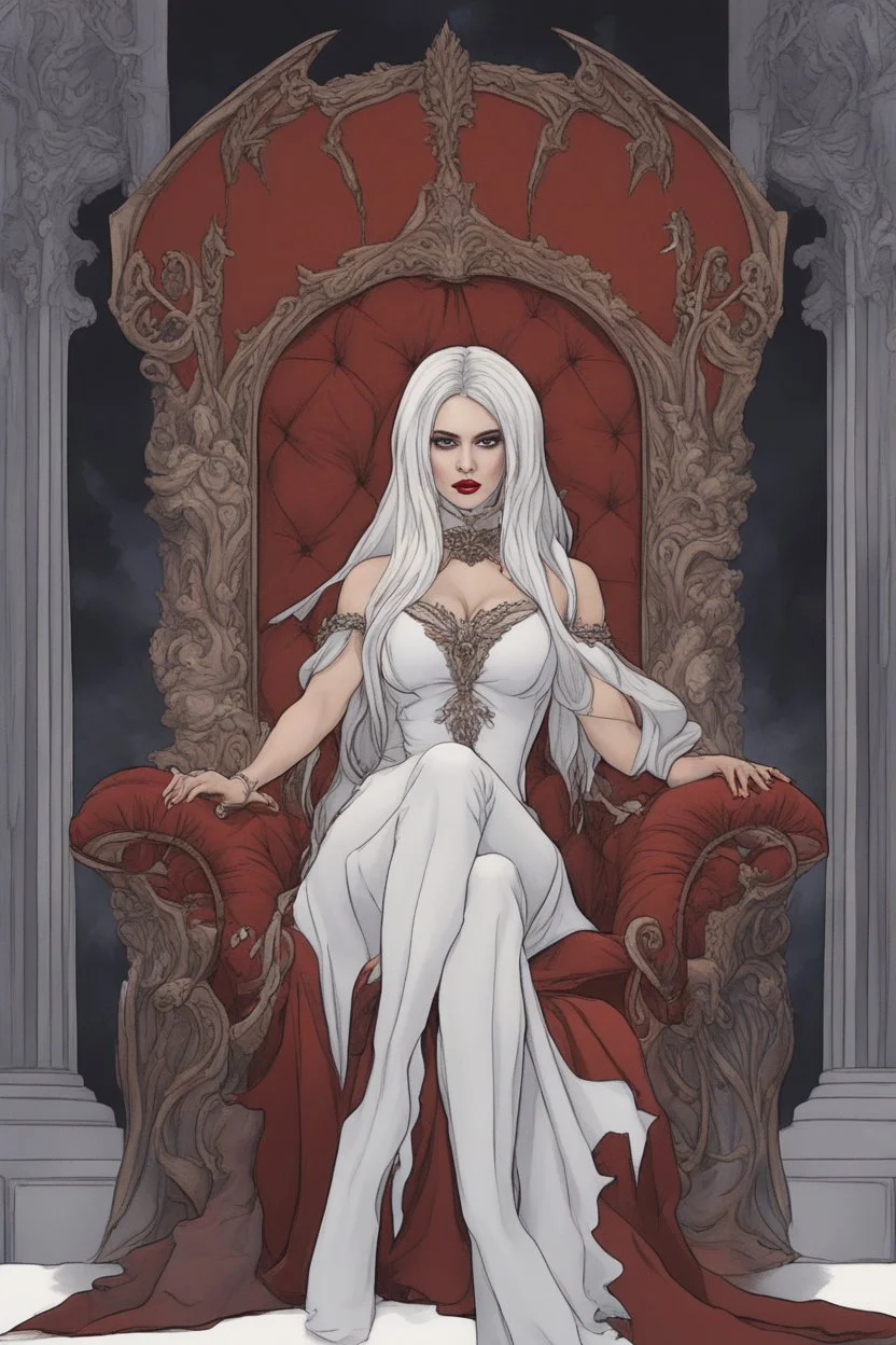 Beautiful white haired Vampire queen on her throne, drawing