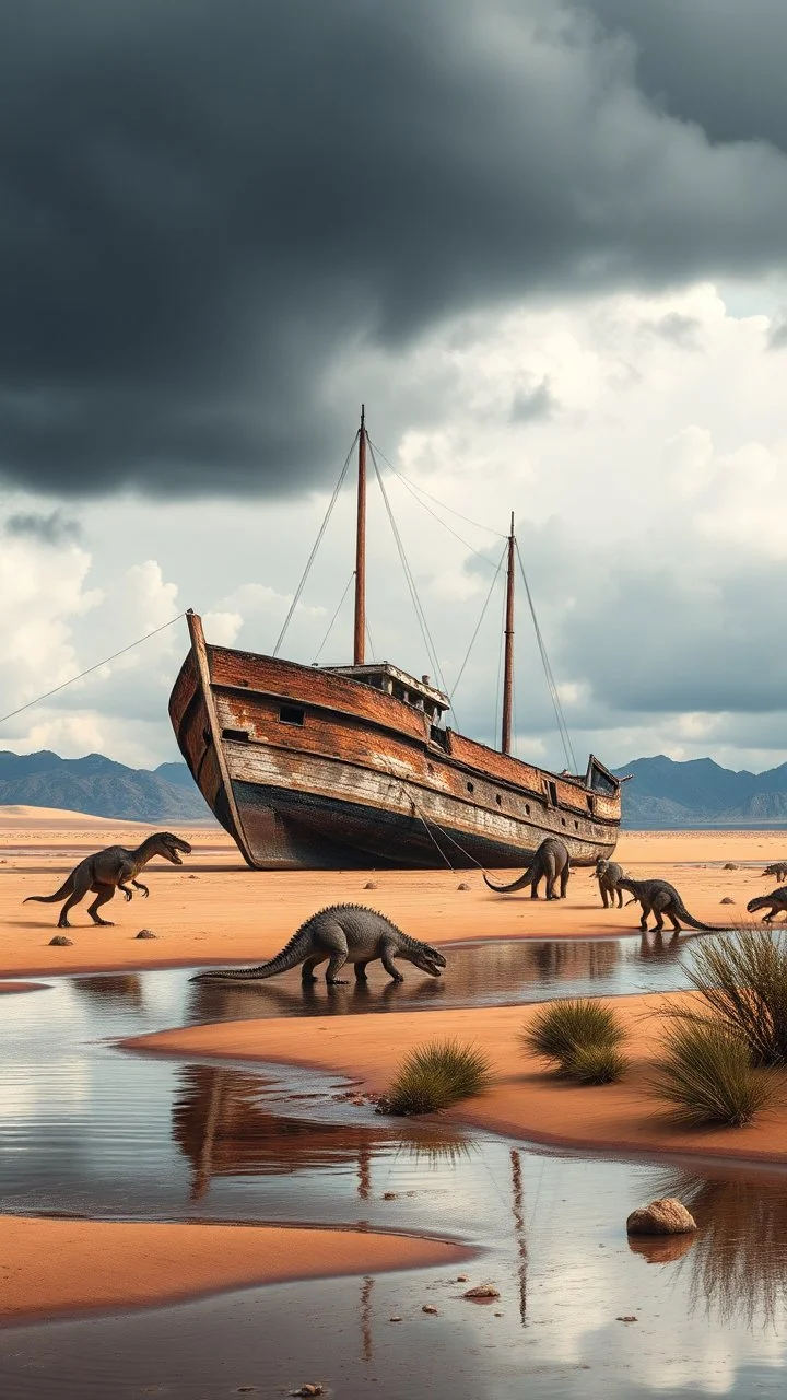 An old abandoned ship side view appeared in the desert on a little lake with sands T rex dinosaurs are in it and around it and stormy clouds , and some mountains in the distance background