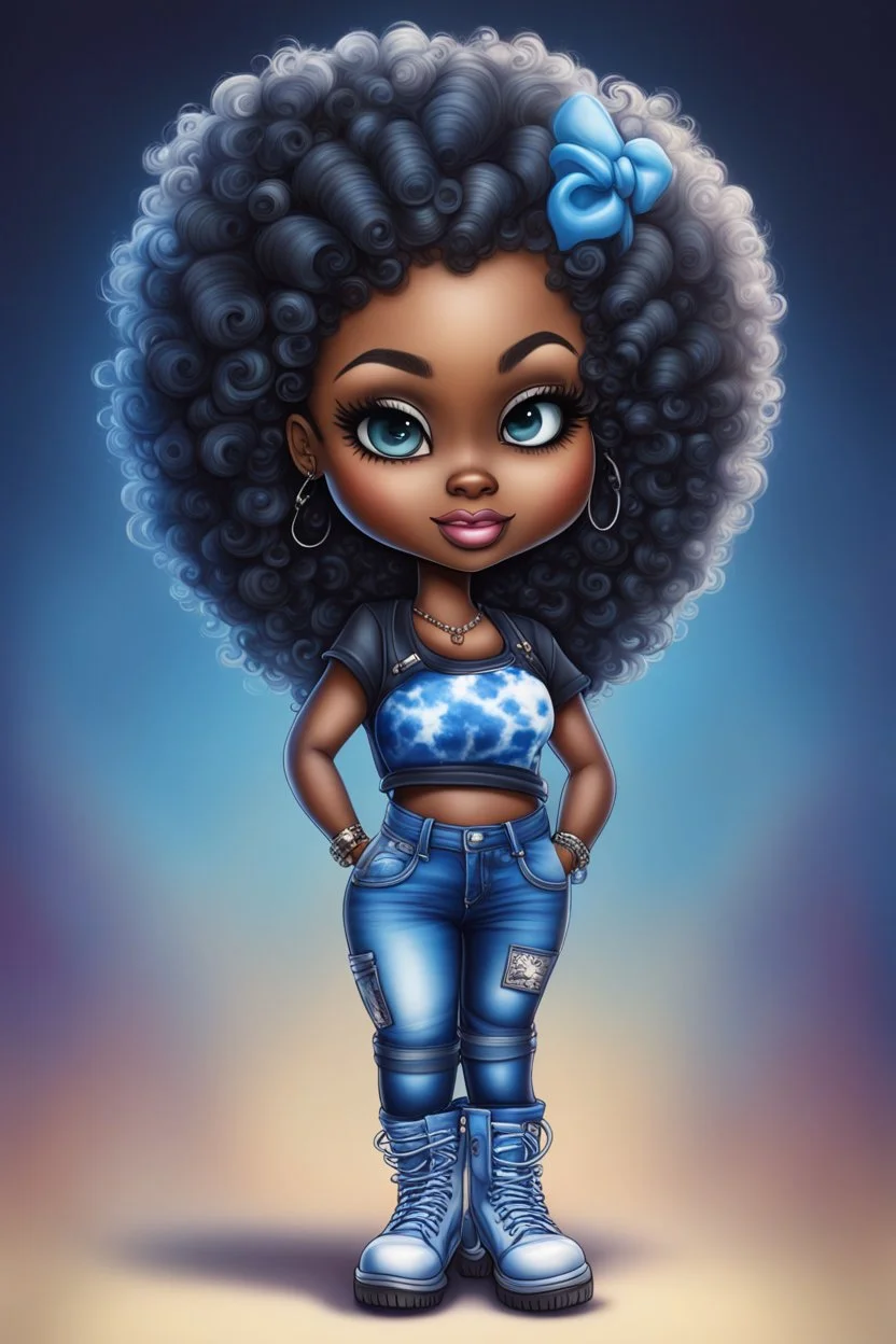 create an airbrush illustration of a chibi cartoon voluptuous black female wearing a blue jean outfit with a tie dye tshirt with biker boots. Prominent make up with hazel eyes. Extremely highly detail of a tight curly black and shiny afro. Background of a bike show