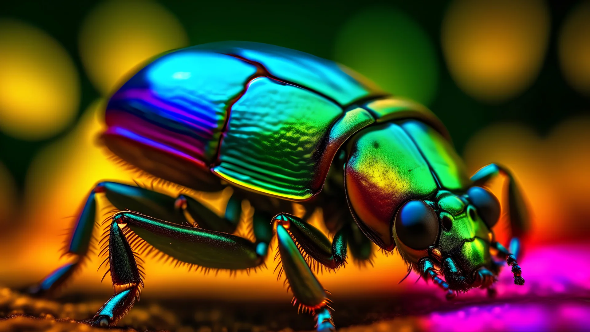 A close-up view of a beetle's iridescent shell, reflecting the vibrant colors of a tropical sunset.