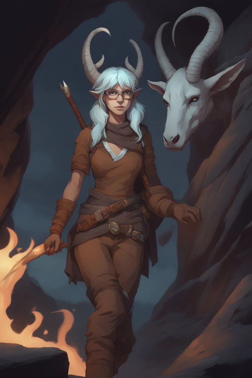 A Dnd character with a long tail and small horns in a dark cave. A blueish female Tiefling archeologist with white skin, white hair wearing glasses, in brown adventurer's clothes. Cunning, beautiful, cool.