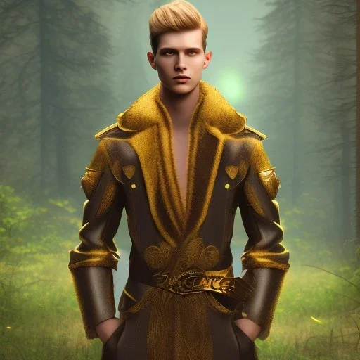 Male, Human, Blond, Sorcerer, Fire Mage, Golden Eyes, Young, Photorealism, Full Body Shot, Forest Background