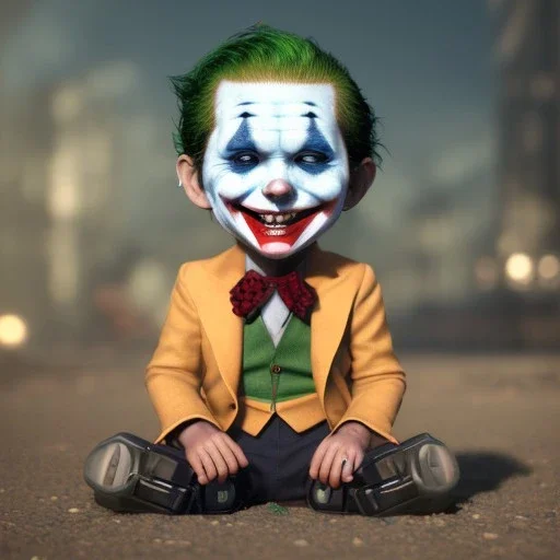 Joker toddler, robot, full body, tokio background, dramatic lighting, hyper realistic, unreal engine 5, 8k