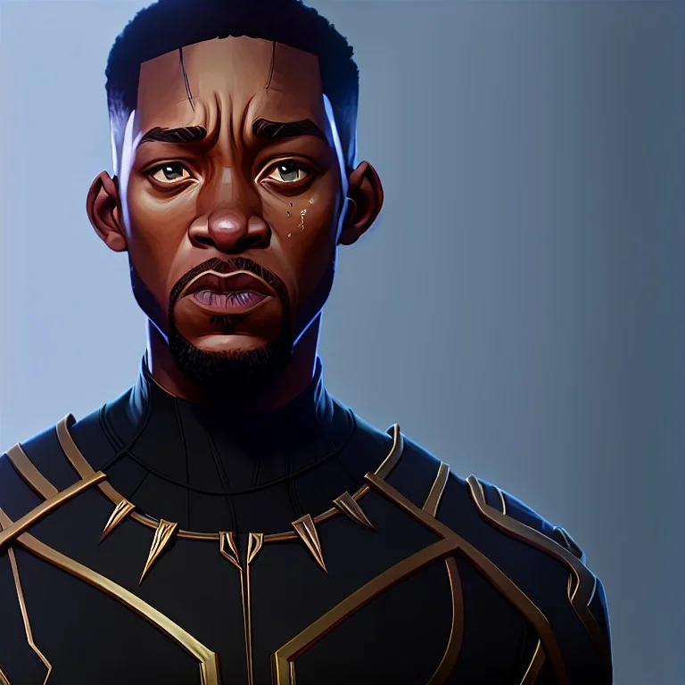 portrait, will smith in black panther suit, ready for battle, in dark forest, dynamic lighting, 8k, ultra detailed