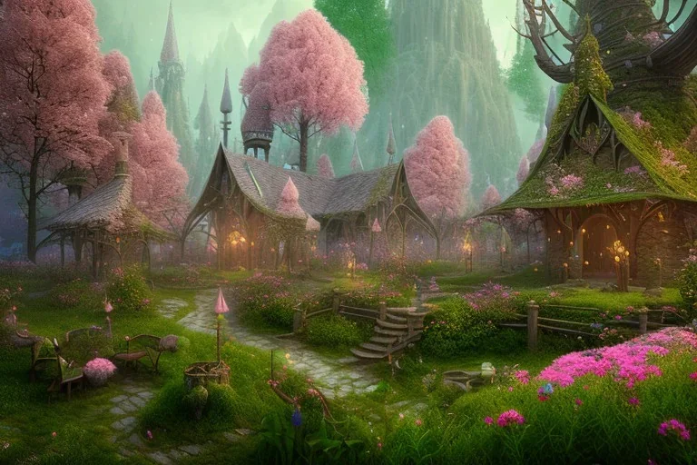 Immersive​ fantasy elven town in the deep green forest with beautiful flower pink tree