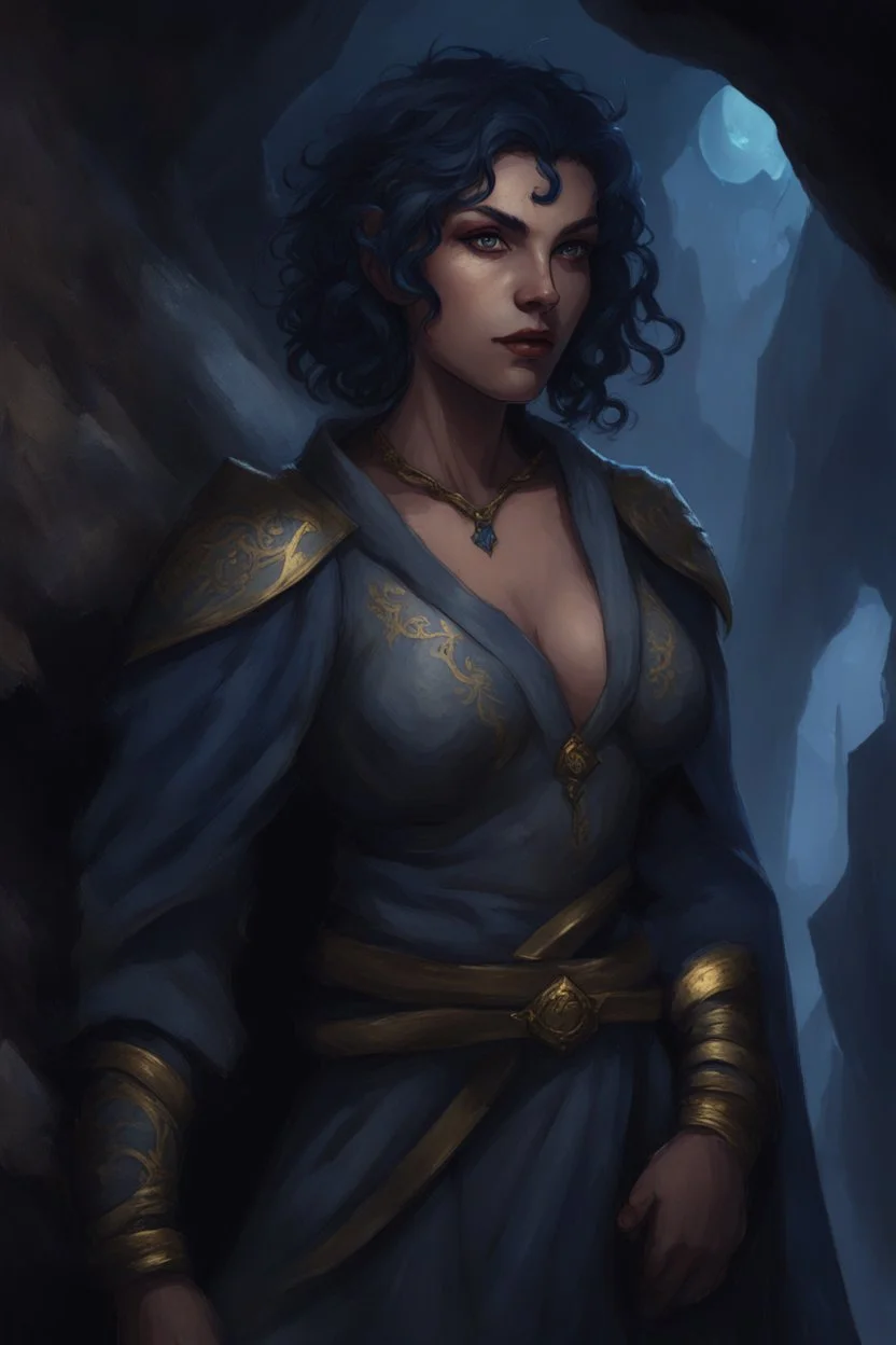 Dnd character in a dark cave. Leaning against a wall. A female Elf twilight cleric with super curly, super short, dark blue hair and golden eyes, wearing gray and dark blue robes. With tattoos. Etheral, muscular, strong.