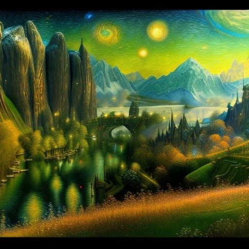 Epic Drawing of scenery of The LOTR estilo Van Gogh 4k