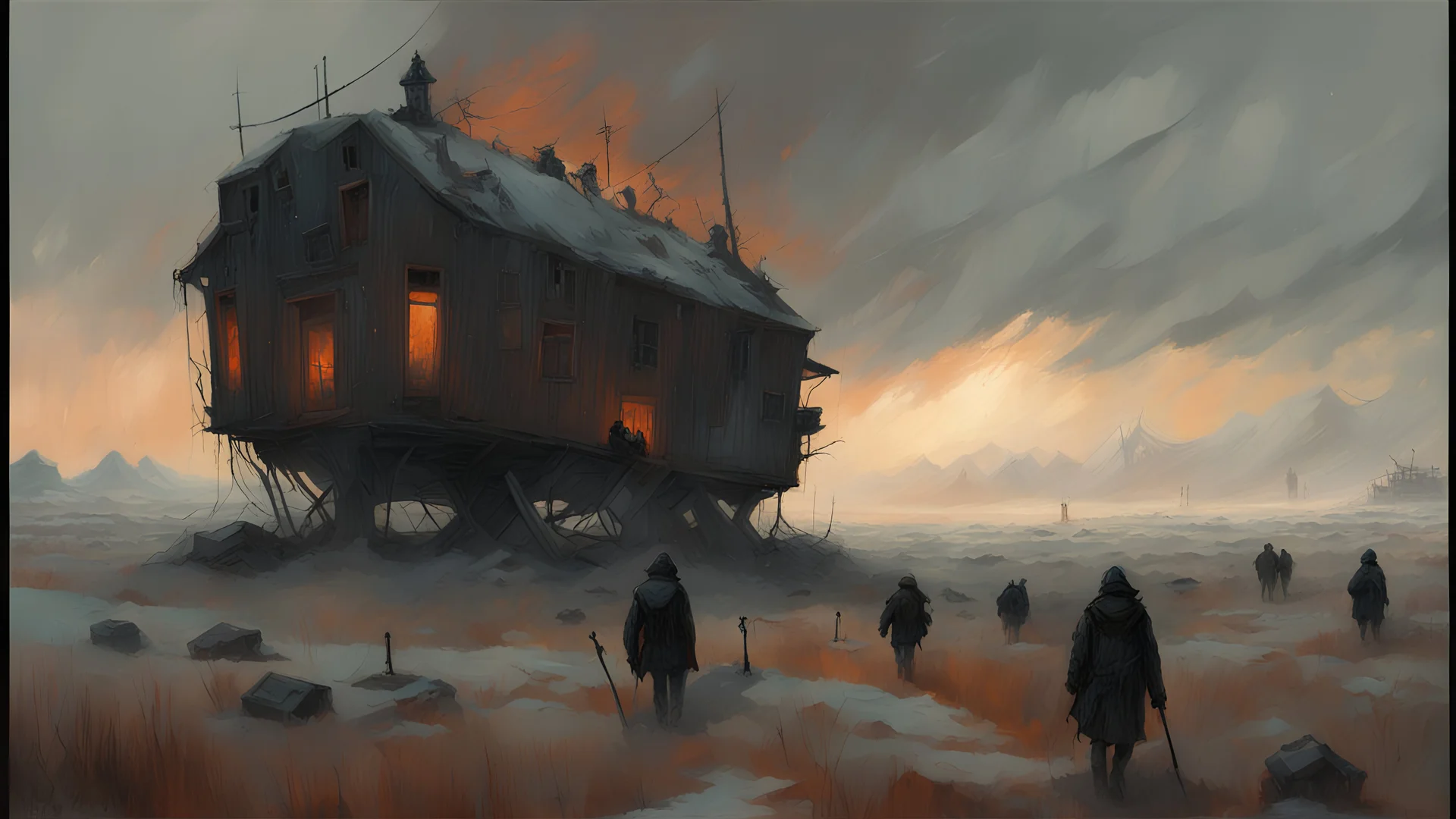 The army of the dead march, winter is coming, science fiction painting, Denis Sarazhin, Alejandro Burdisio, Romain Trystram, Simon Stålenhag, techno gothic, grim overtones, ominous sky, vivid colours, harsh offworld landscape, dusty, blizzard conditions p, immersive dark horror art