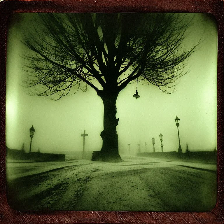 Dark street creepy fog colours strong texture artistic polaroid volumetric light tree nightmare Yves Tanguy