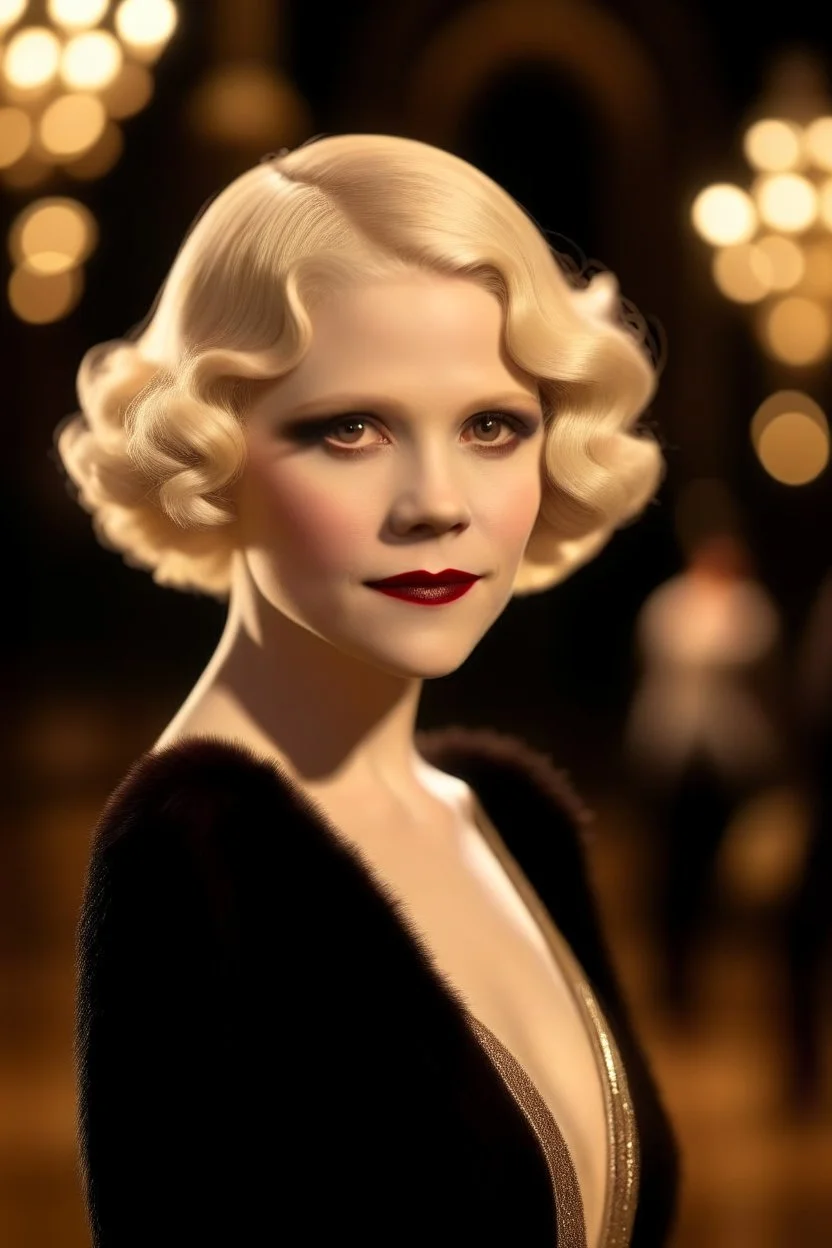 beautiful portrait of a 20s movie star queen with blonde hair entering a gala