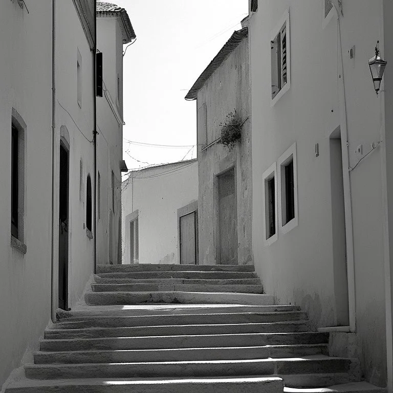 Street of a town on an Italian island in summer, with stairs and arches, decadent tone, real photography, photography taken with a Leica camera and 50 mm lens, following the style of the 'Ripley' series, black and white photography, toned 50s tones