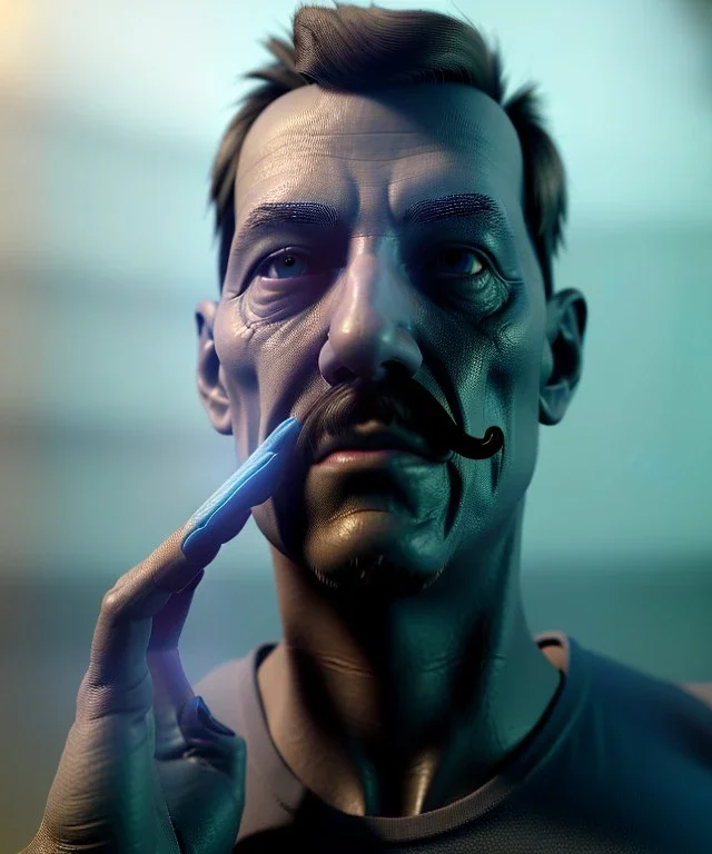 Realistic image, a guy making the fuck you gesture with his hand, blue smoke coming out of his eyes, nose and mouth. soft color, highly detailed, unreal engine 5, ray tracing, RTX, lumen lighting, ultra detail, volumetric lighting, 3d, finely drawn, high definition, high resolution.