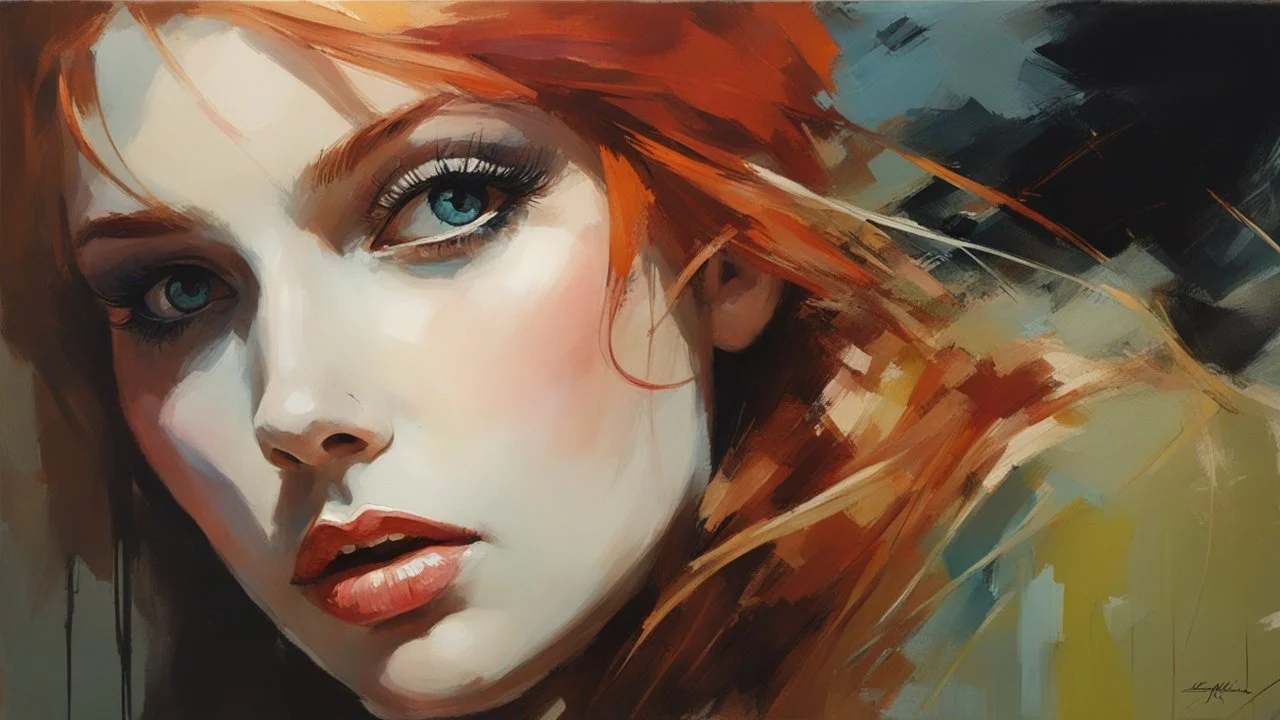 Athletic Petite Pale Russian Redhead Woman 30yo, Long Eye Lashes, Eye Shadow, Eye Liner, by Robert McGinnis + Jeremy Mann + Carne Griffiths + Leonid Afremov
