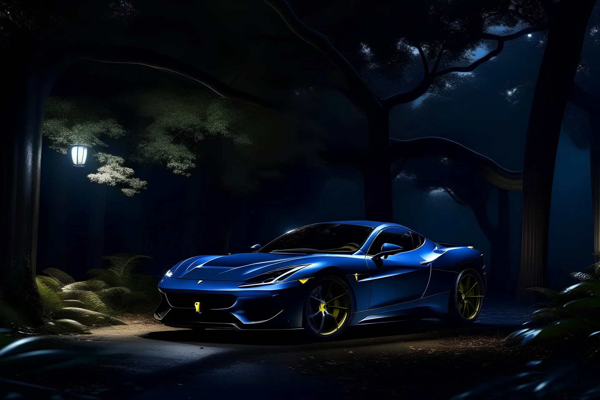 Ferrari 812 Fast, Beautiful gal, moonlight, trees calm ambience..